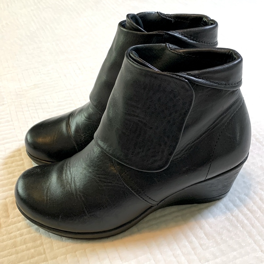 Dansko Romy Black Leather Wrapped Closure Wedge Ankle Booties, EU 36 (US 5.5-6)